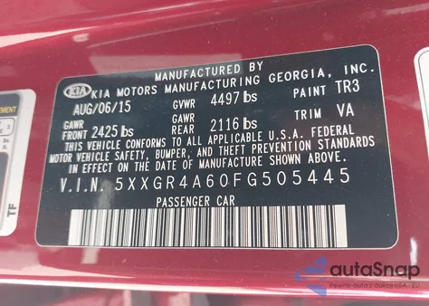 2015 Kia Optima Sx Turbo z USA, uszkodzony, nr VIN 5XXGR4A60FG505445